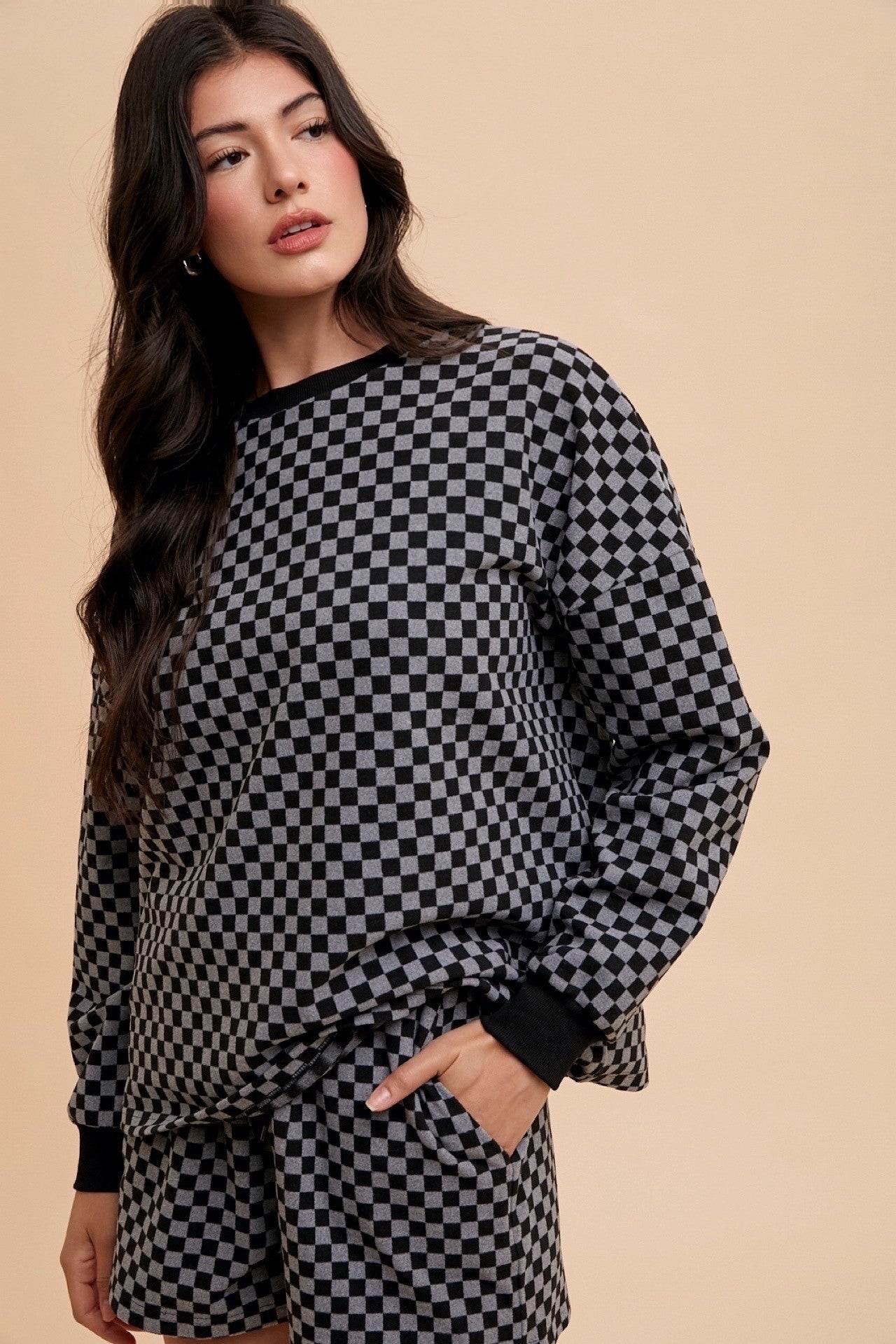 Annie Wear Checkered Round Neck Top and Drawstring Shorts Set - Charming Charlie