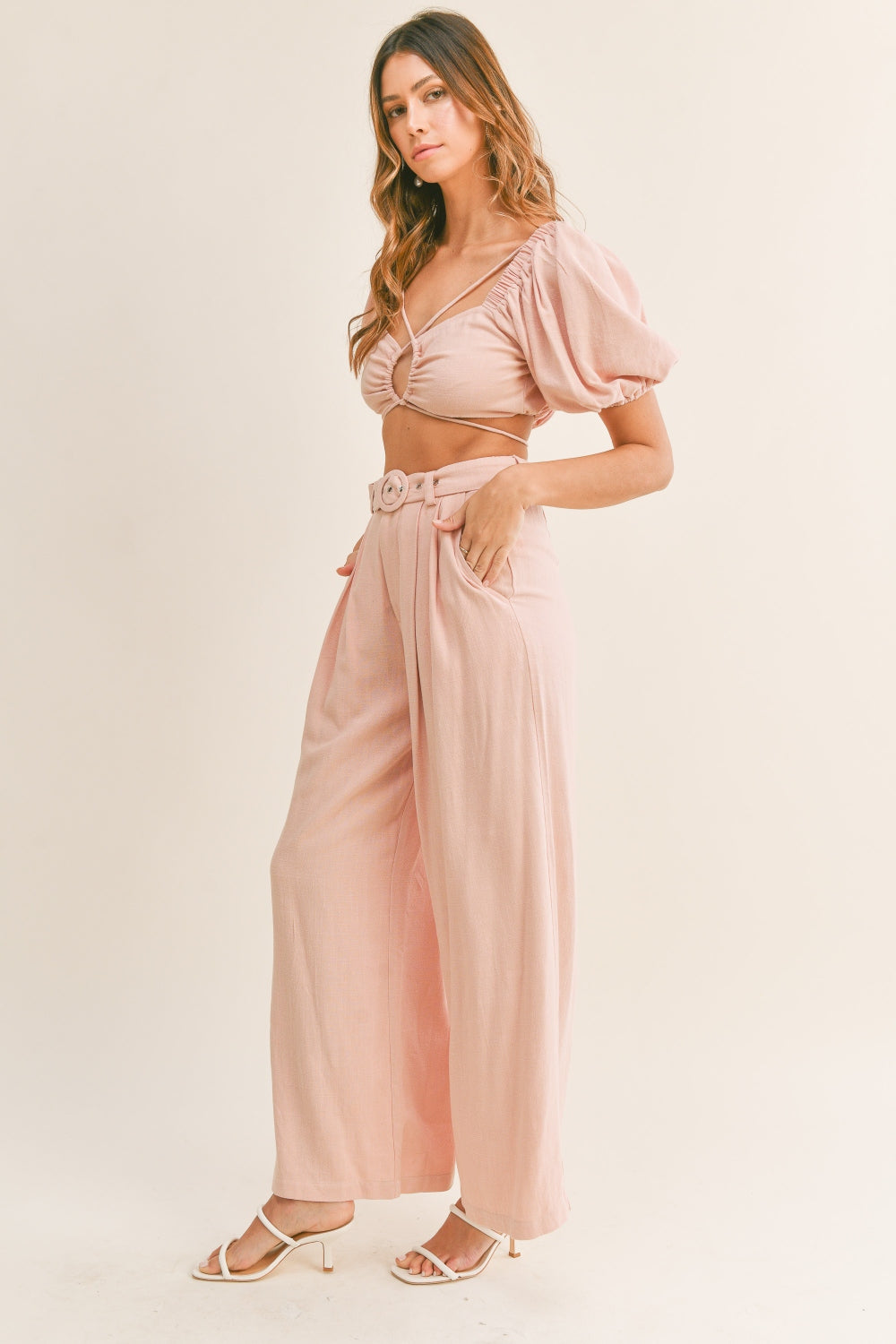 MABLE Cut Out Drawstring Crop Top and Belted Pants Set - Charming Charlie