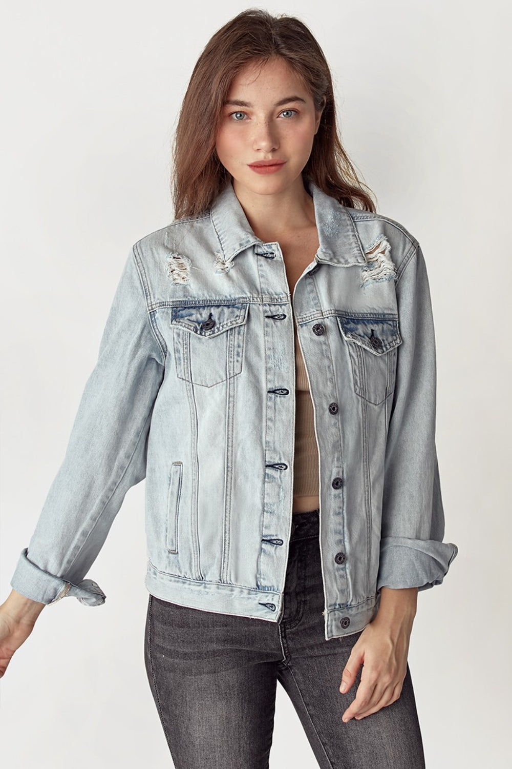 RISEN Distressed Button Up Jacket - Charming Charlie