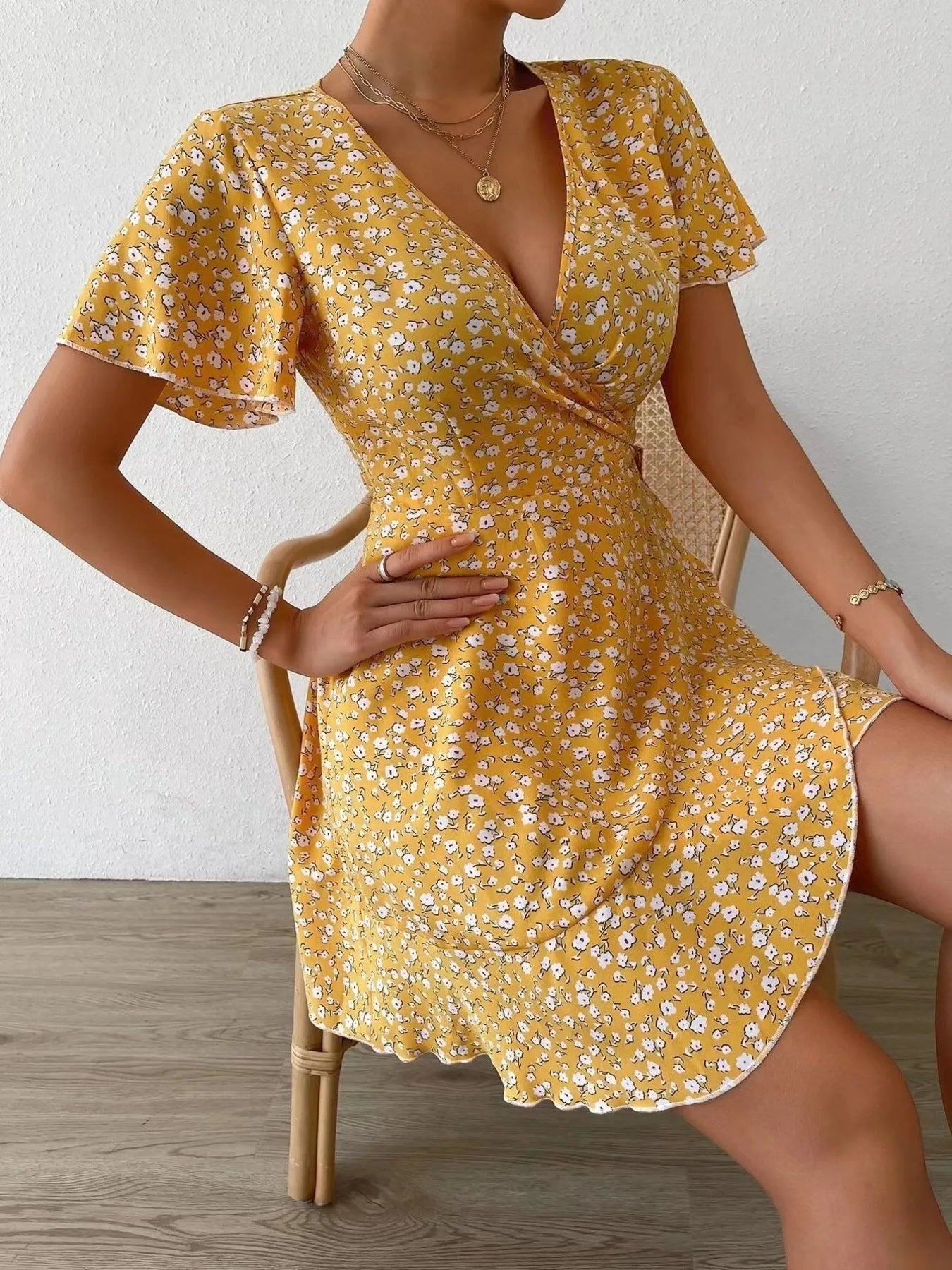 Flowervelly self designed flutter sleeve georgette wrap Midi Dress