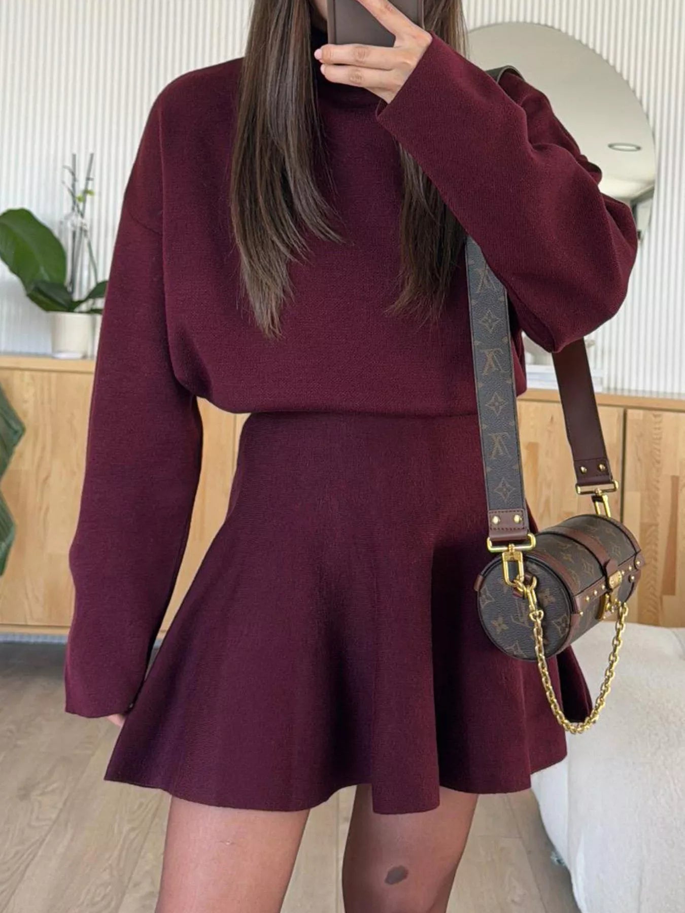 Round Neck Long Sleeve Mini Sweater Dress Burgundy / S