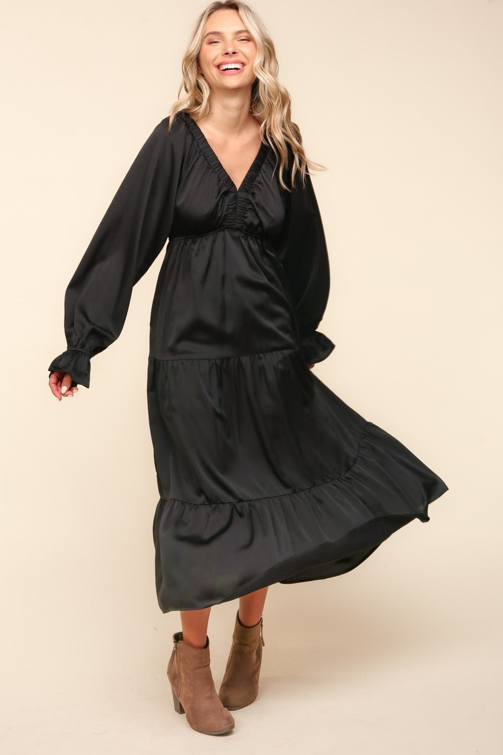 Haptics Flounce Sleeve Tiered Midi Dress with Pockets Charming Charlie Haptics Flounce Sleeve Tiered Midi Dress with Pockets Charming Charlie