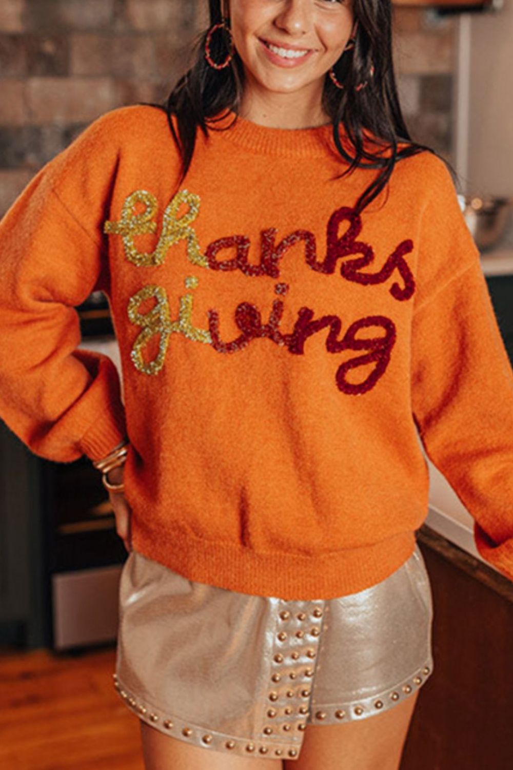 THANKSGIVING Round Neck Dropped Shoulder Sweater - Charming Charlie