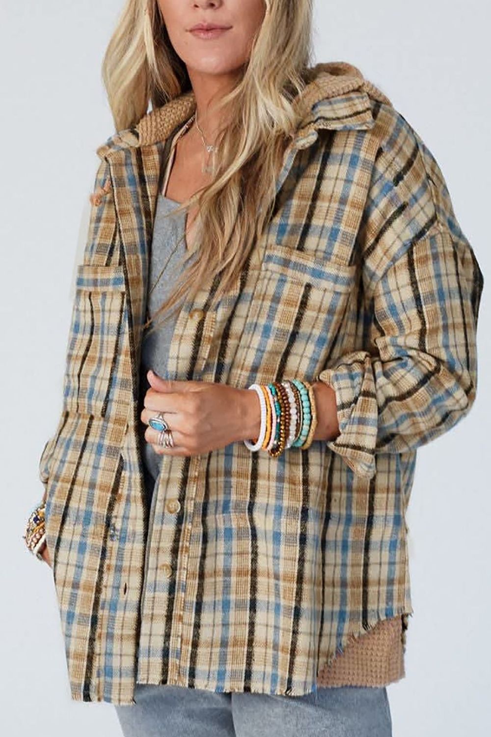 Drawstring Waffle Knit Patchwork Hooded Plaid Shacket - Charming Charlie