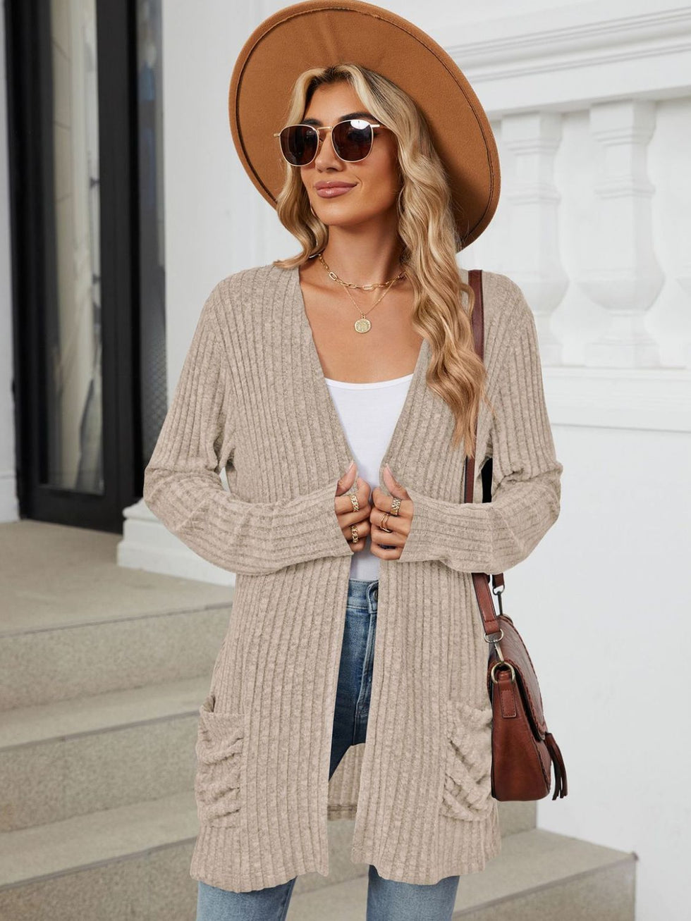 Double Take Pocketed Open Front Long Sleeve Cardigan