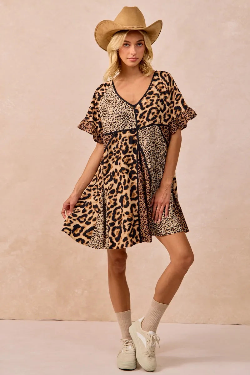 BiBi Leopard Prints Mix and Match Short Sleeves Dress BiBi Leopard Prints Mix and Match Short Sleeves Dress