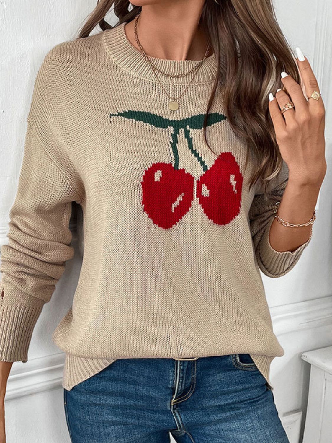 Perfee Cherry Round Neck Long Sleeve Sweater - Charming Charlie