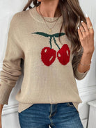 Perfee Cherry Round Neck Long Sleeve Sweater - Charming Charlie