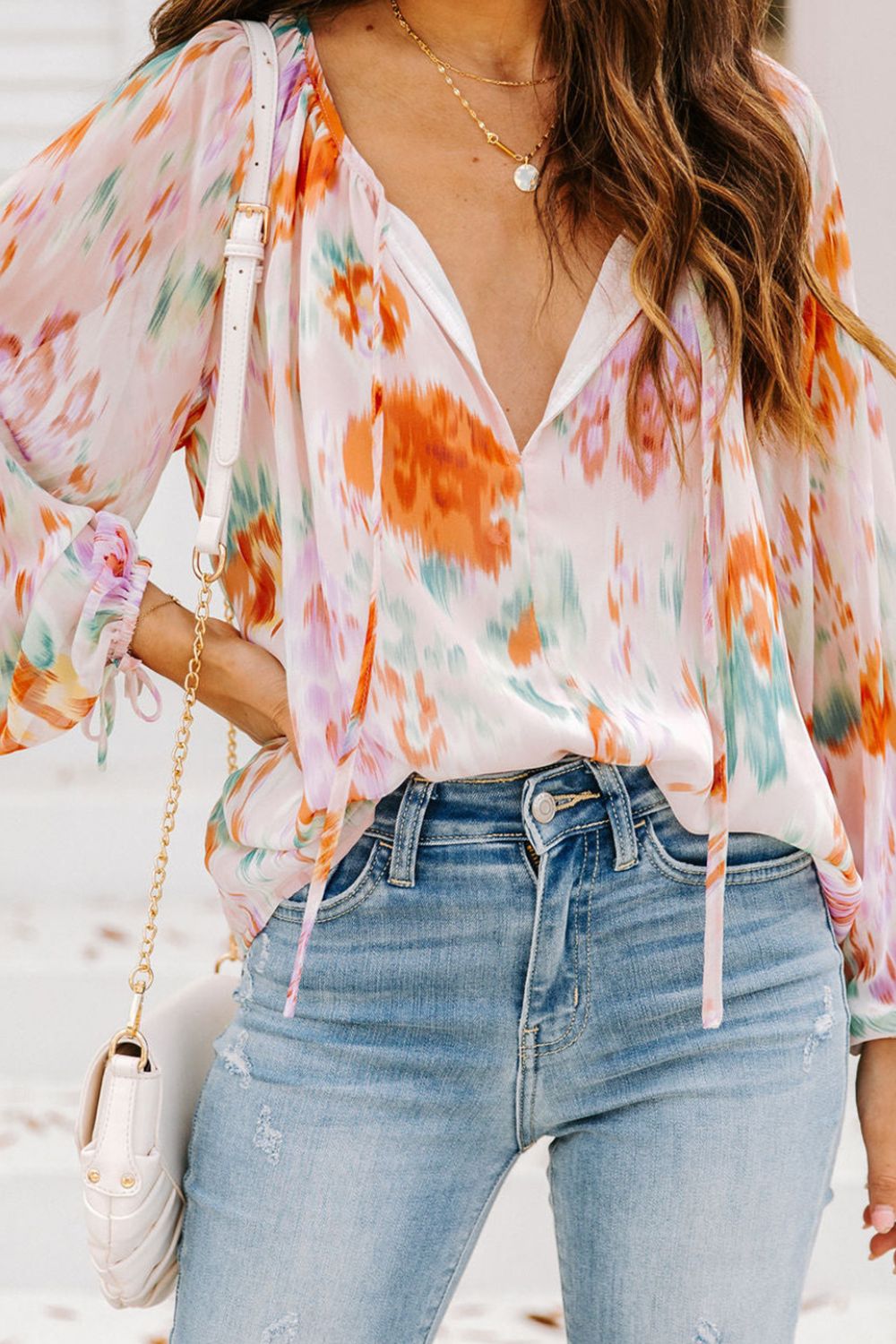 Printed Tie Neck Long Sleeve Blouse - Charming Charlie