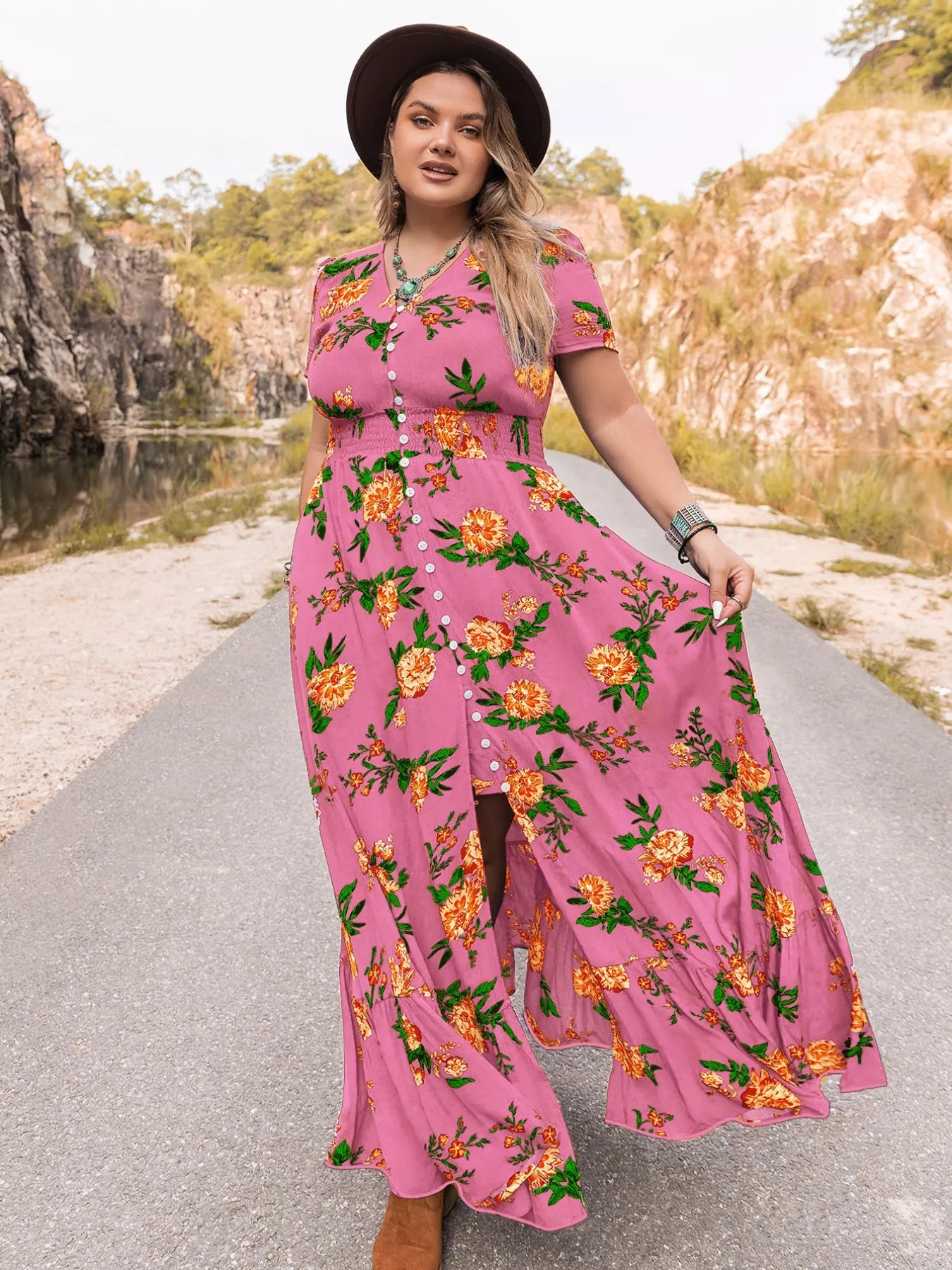 Plus Size Floral V-Neck Short Sleeve Maxi Dress Fuchsia Pink / 1XL