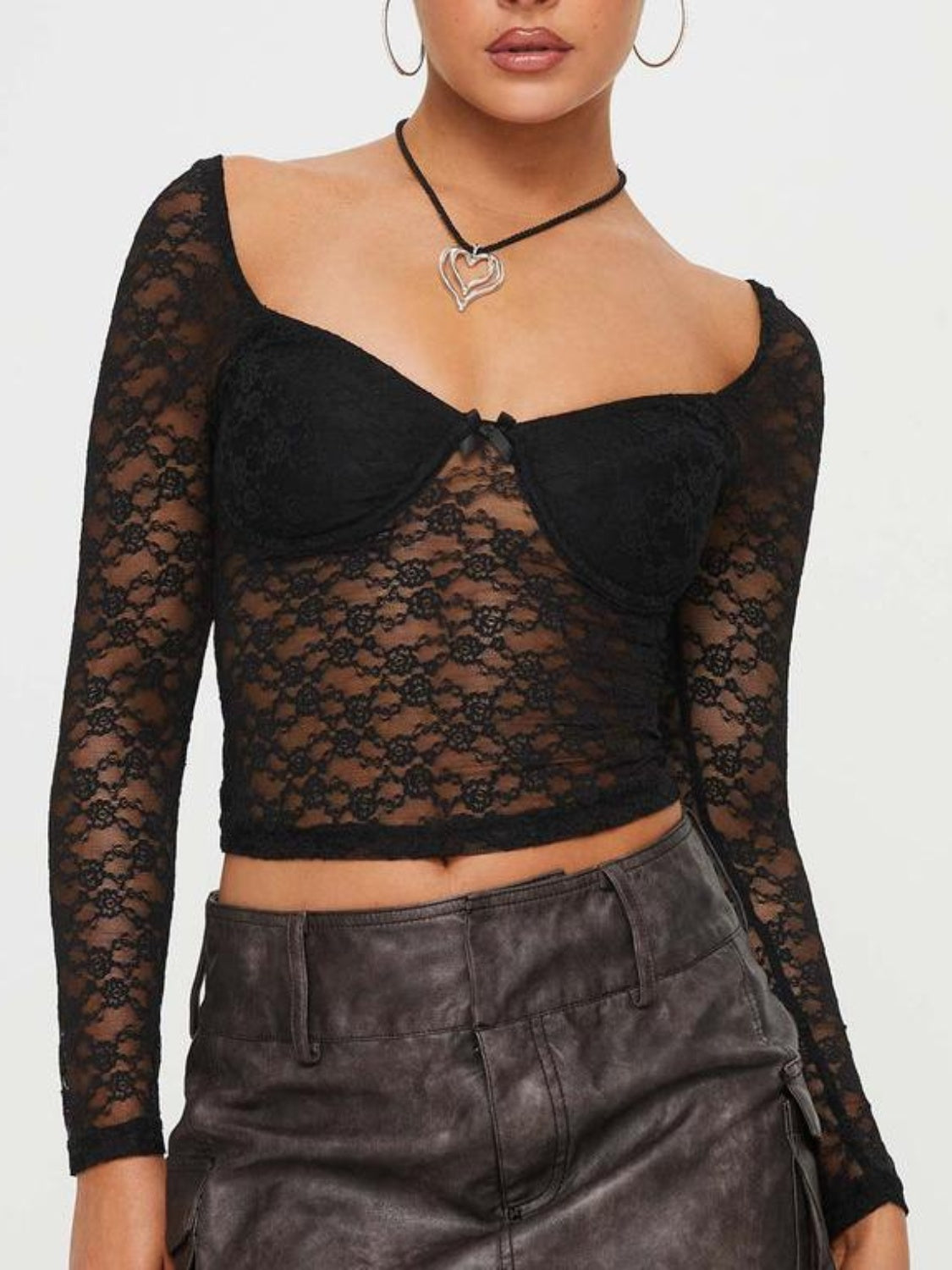 Lace Sweetheart Neck Long Sleeve T-Shirt - Charming Charlie