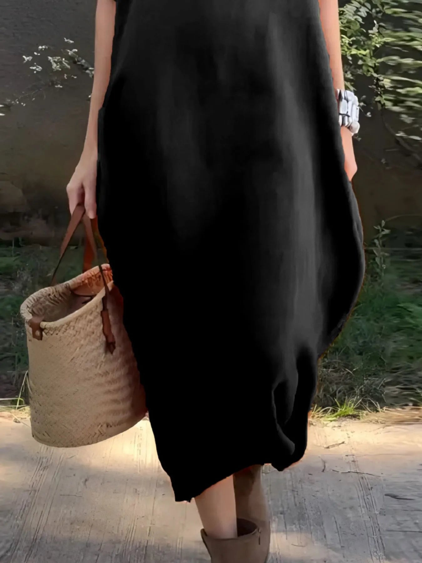 Full Size Casual Loose Fit Round Neck Midi Dress Plus Size – Charming Charlie