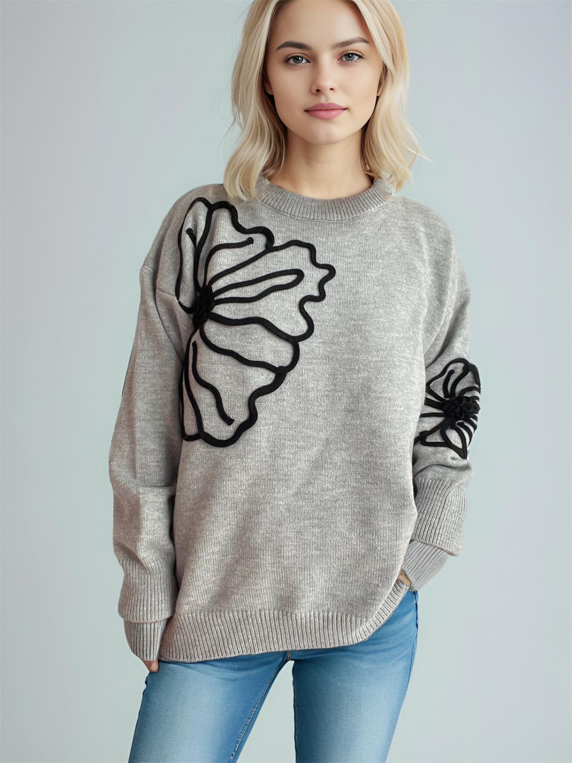 Flower Round Neck Long Sleeve Sweater - Charming Charlie
