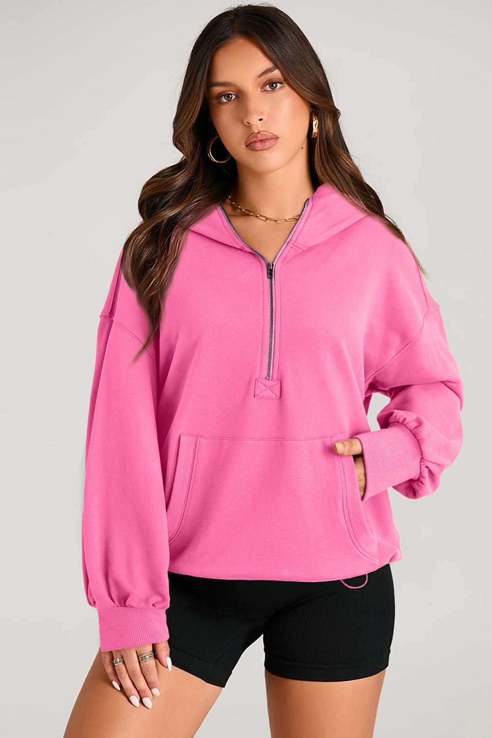 Pocketed Half Zip Long Sleeve Hoodie - Charming Charlie