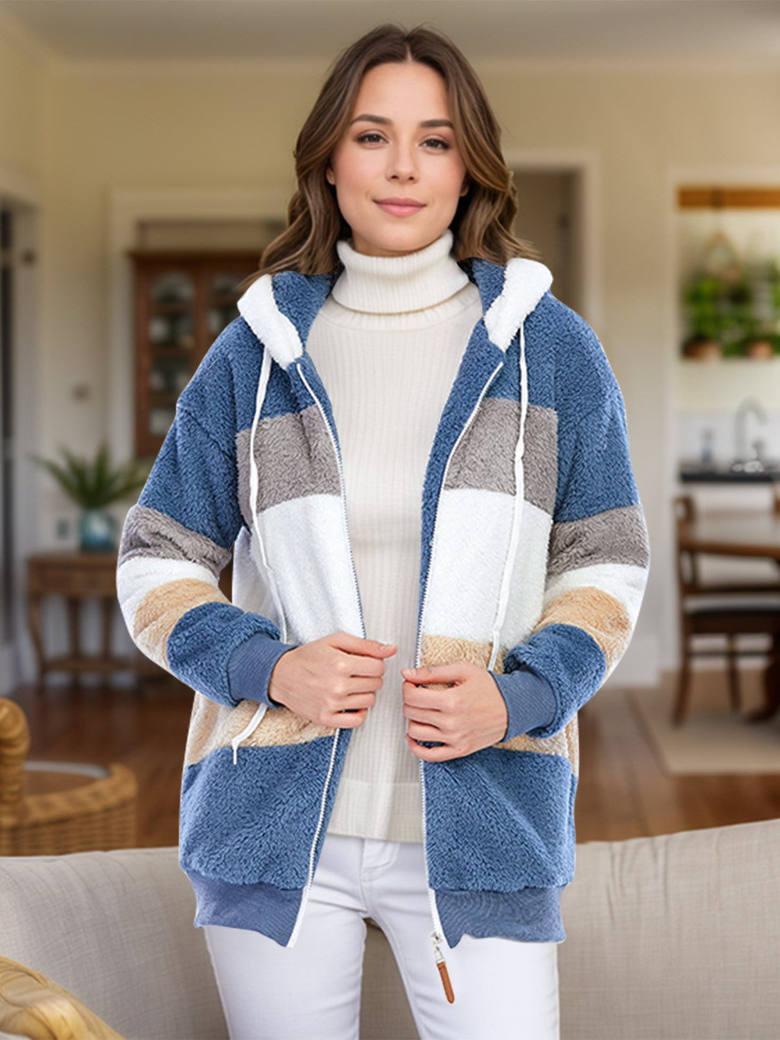 Full Size Drawstring Color Block Zip Up Hooded Outerwear - Charming Charlie