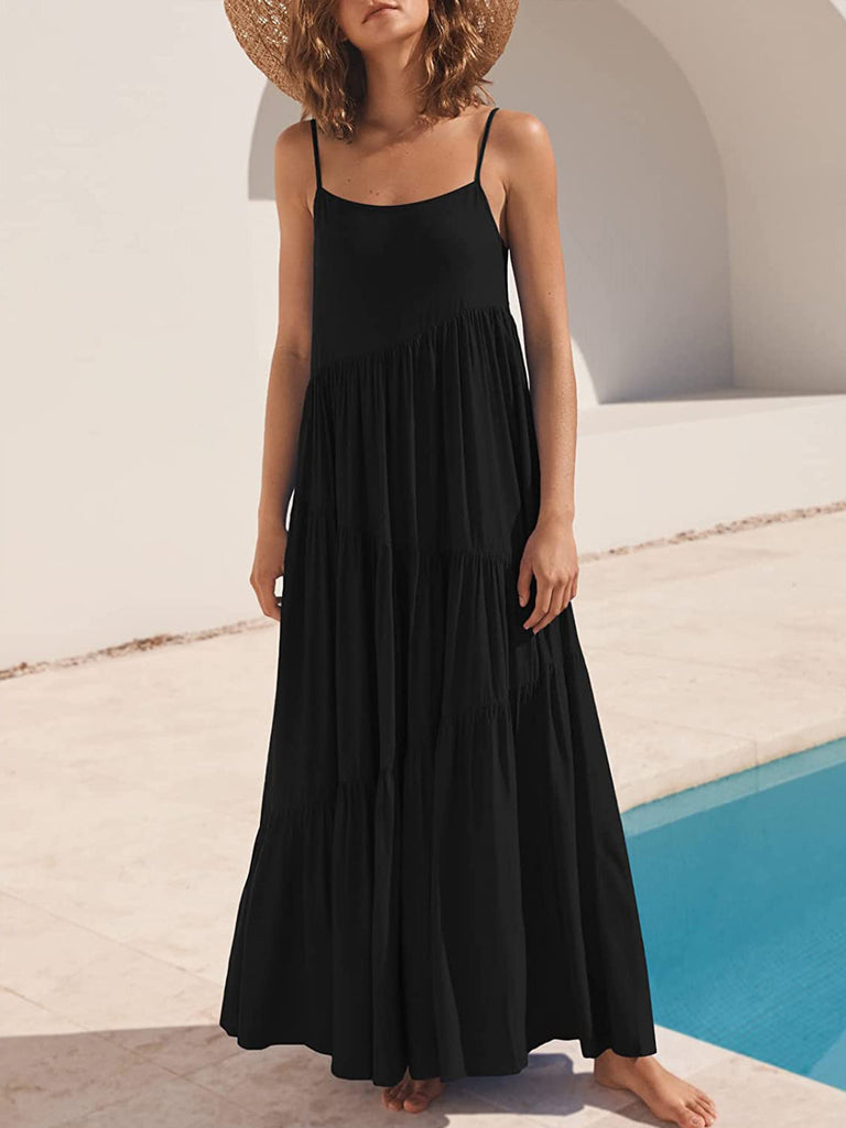 Spaghetti Straps Ruched Tiered Dress With Slit Jade