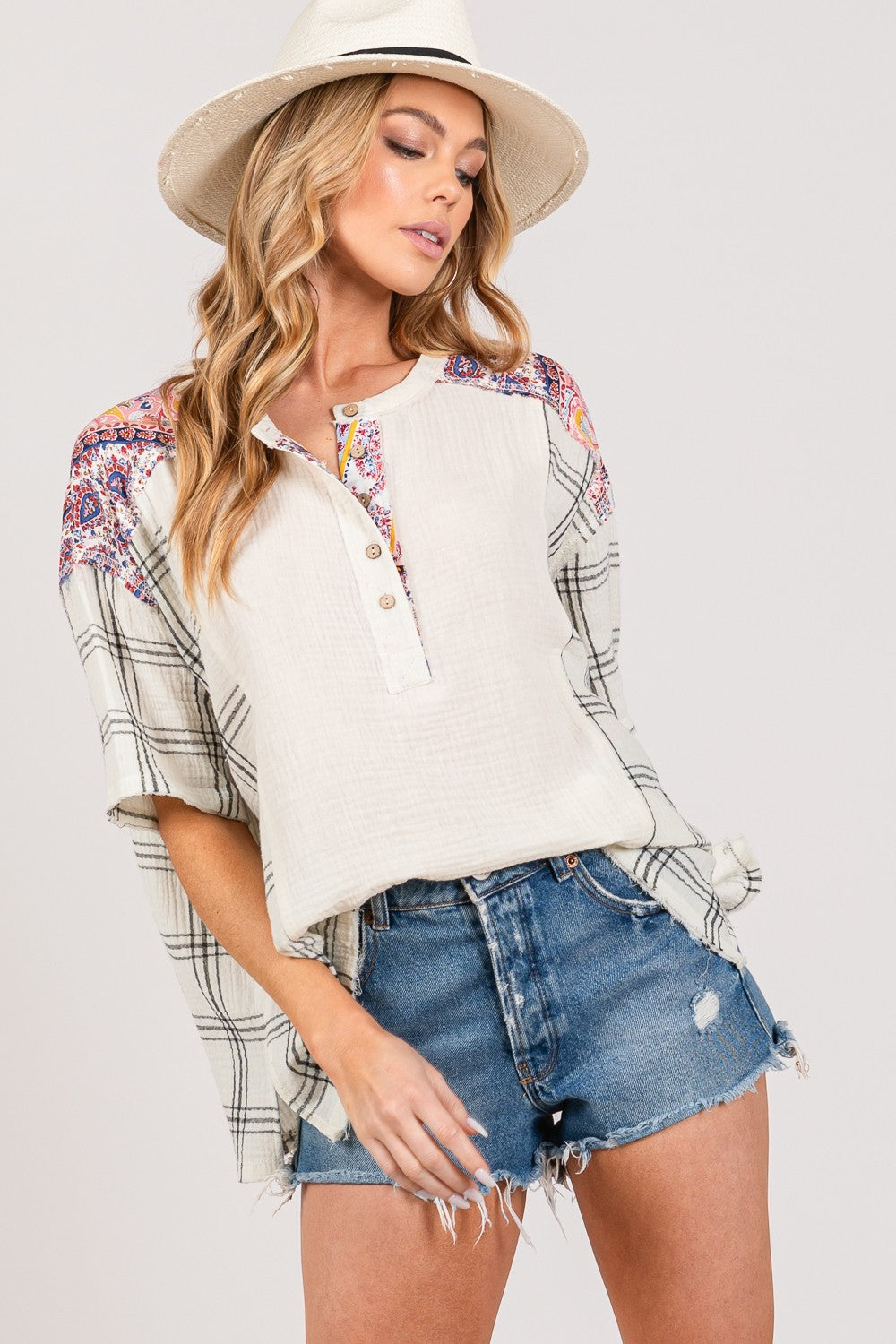SAGE + FIG Plaid Half Button Gauze Top - Charming Charlie