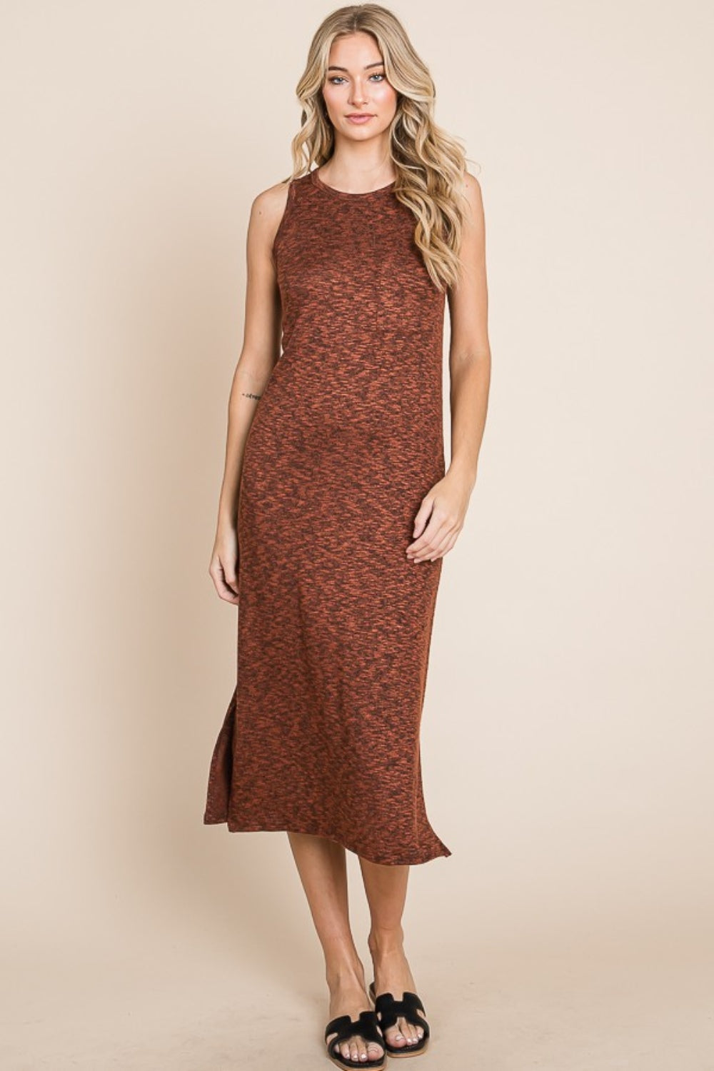 BOMBOM Slit Round Neck Sleeveless Midi Dress - Charming Charlie