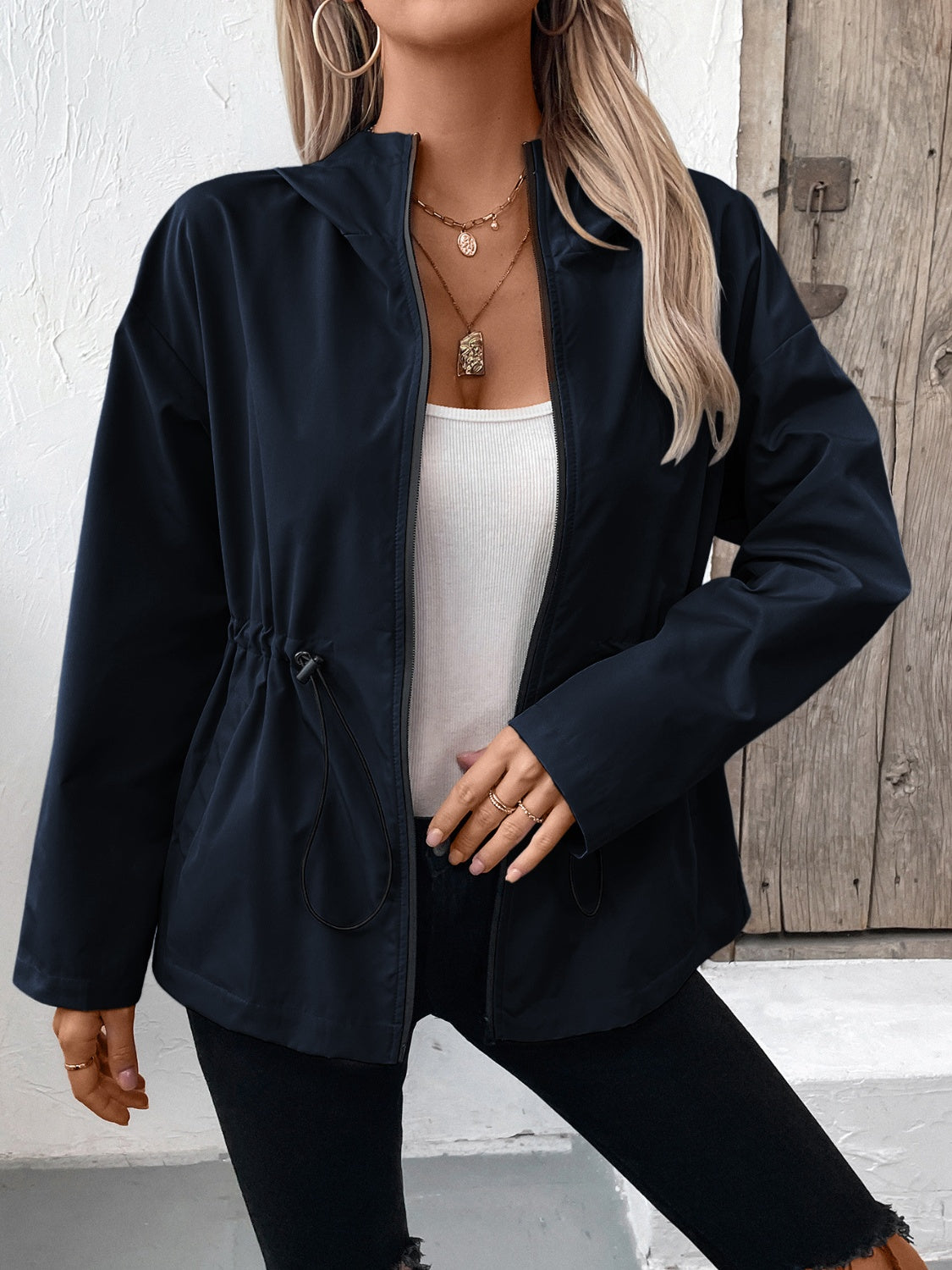 Drawstring Zip Up Hooded Jacket – Charming Charlie