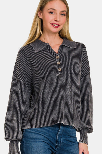 Zenana Washed Half Button Long Sleeve Sweater – Charming Charlie