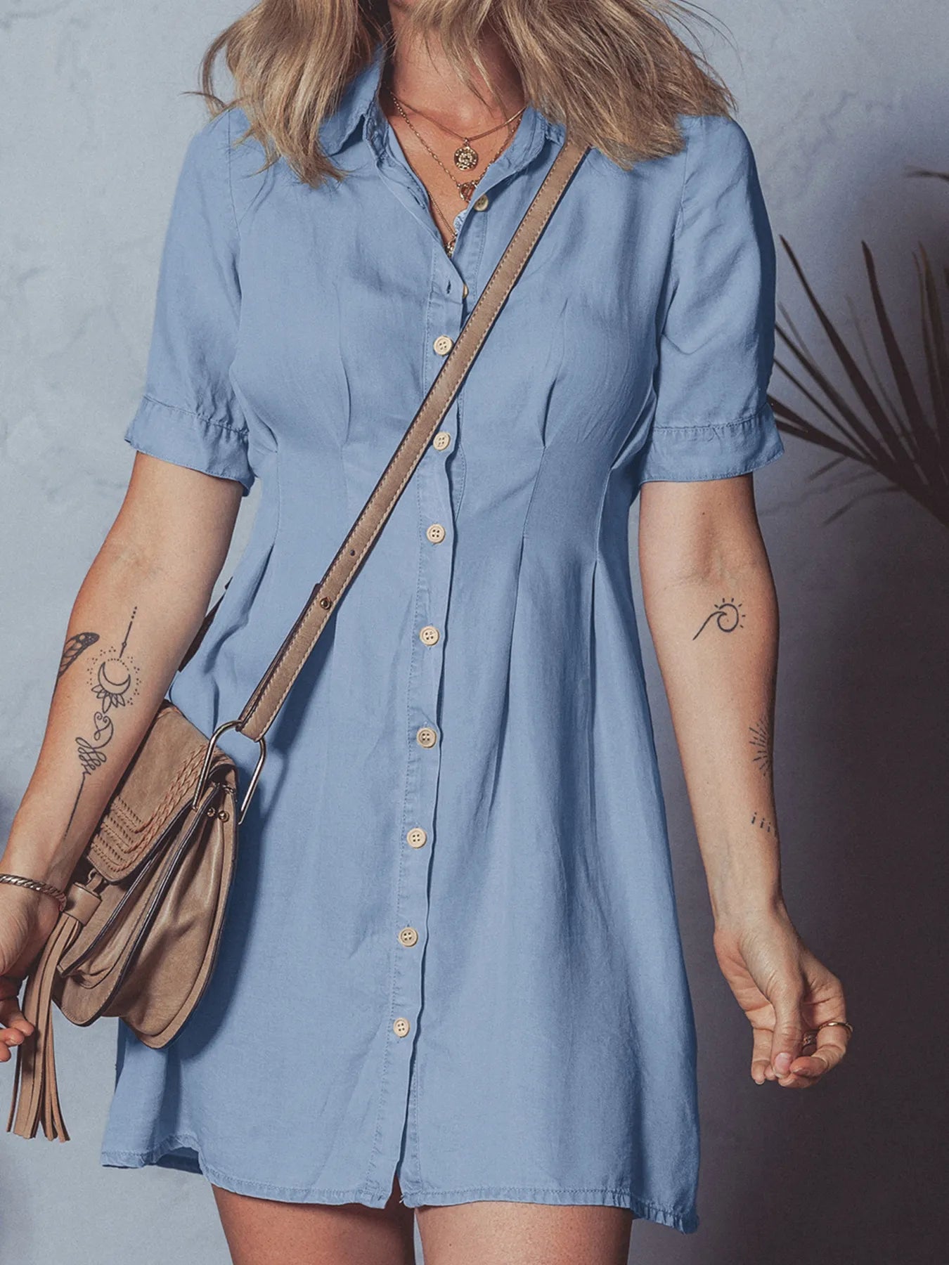 Denim Pleated Slim Waist Short Sleeve Shirt Dress – Charming Charlie