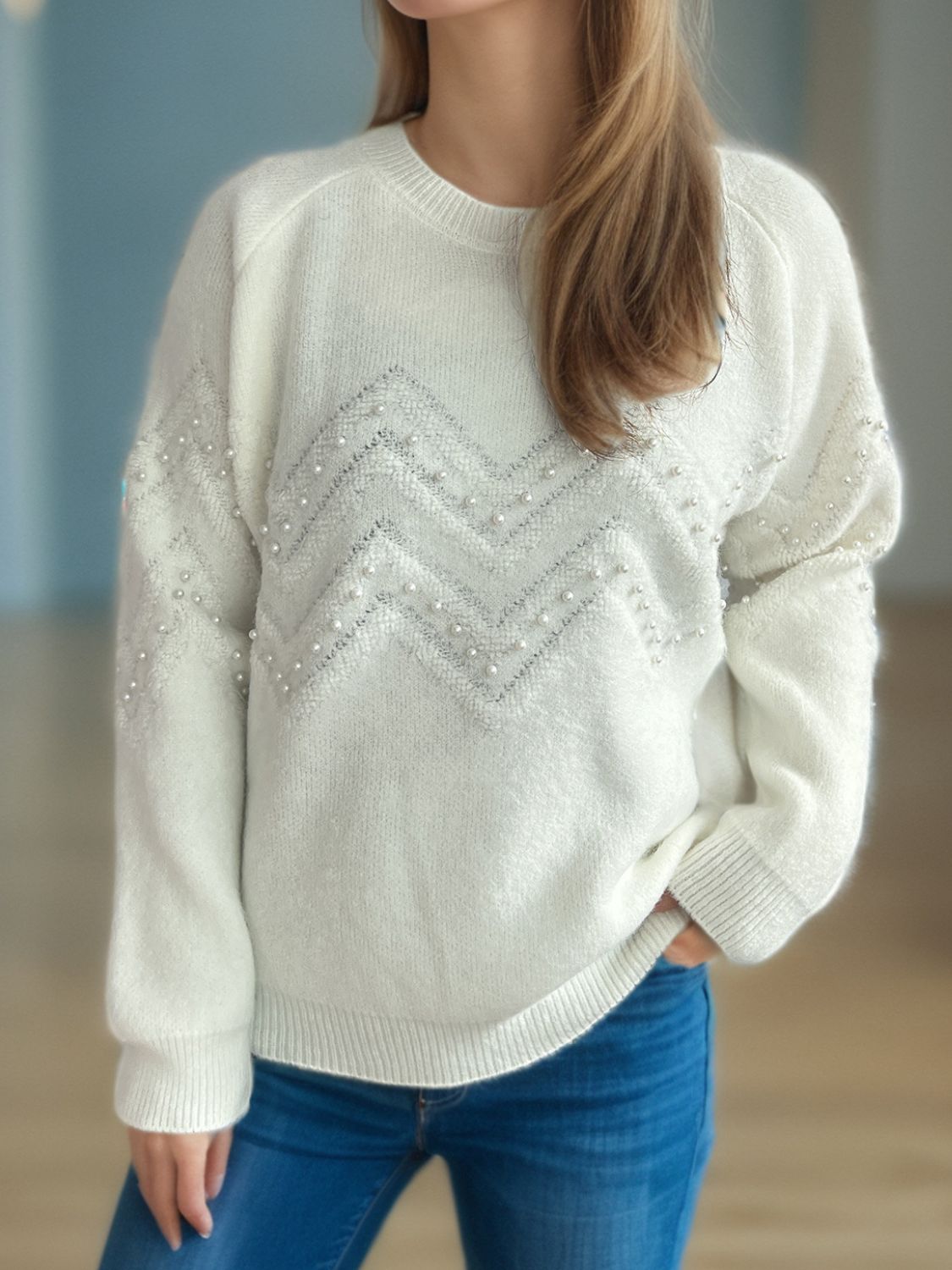 Patterned Raglan selling Sleeve Round Neck Sweater