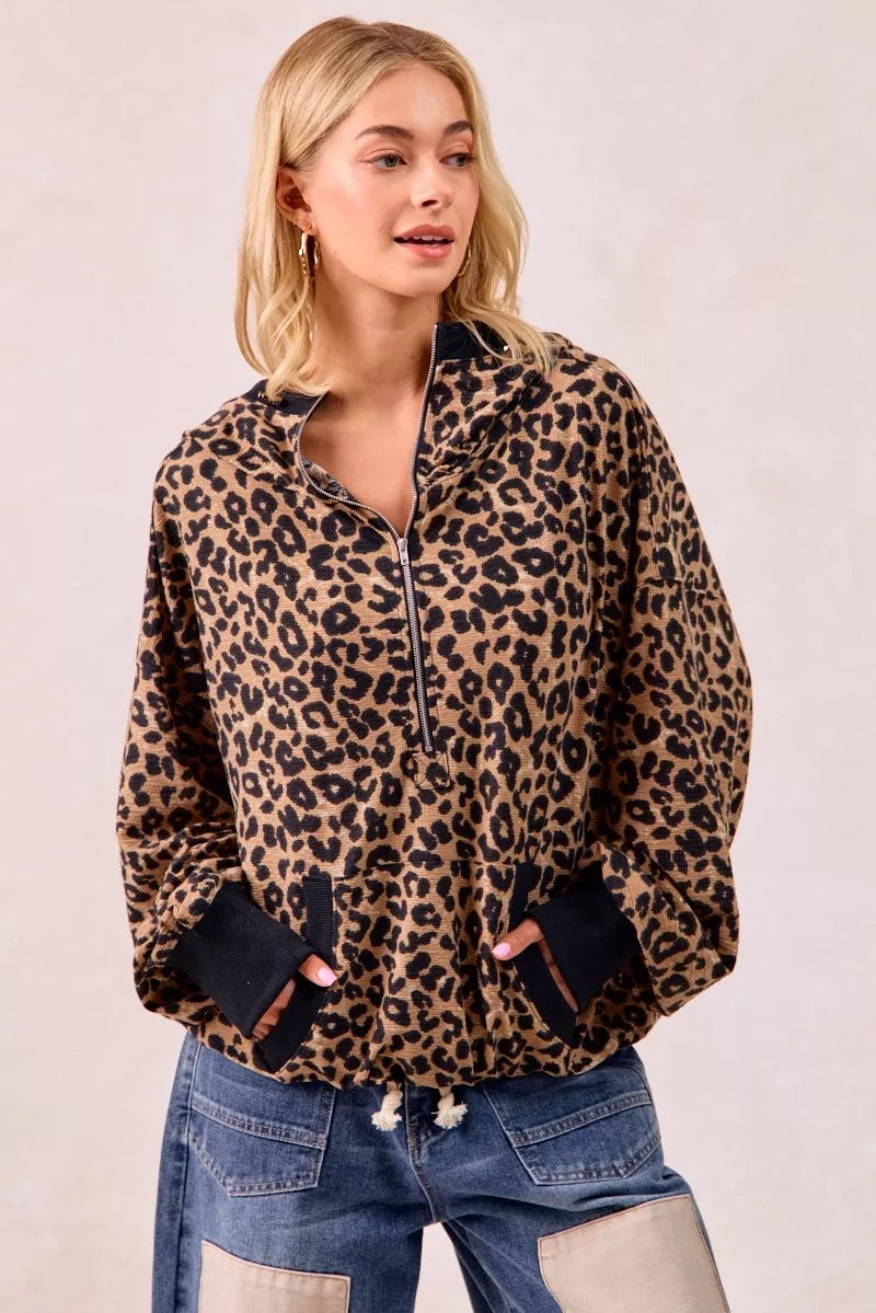 BiBi Leopard Print Waffle Half Zip Up Hoodie W Pocket – Charming