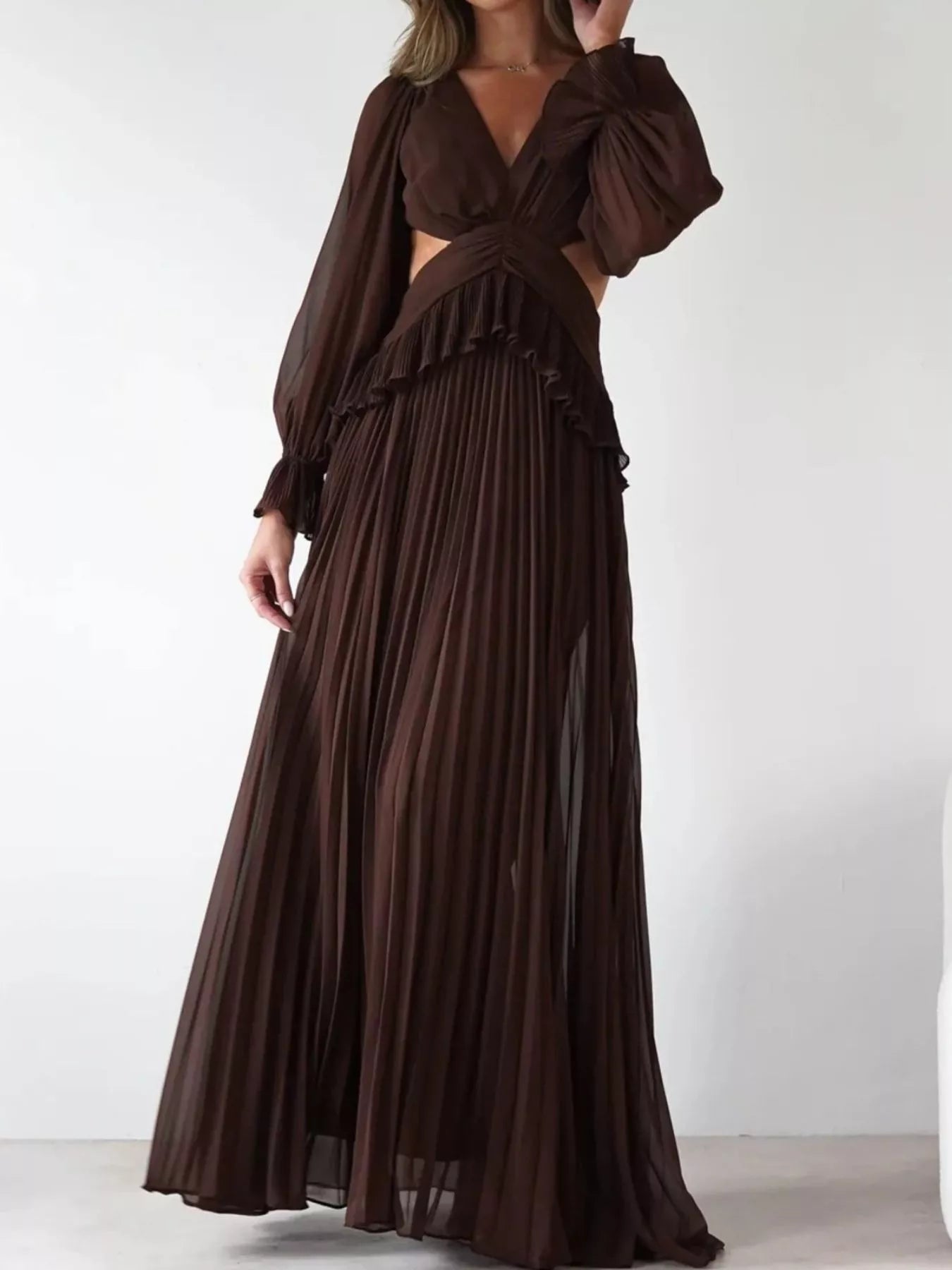 strapless open back dress Backless Pleated Long Sleeve Maxi Dress Blue / L