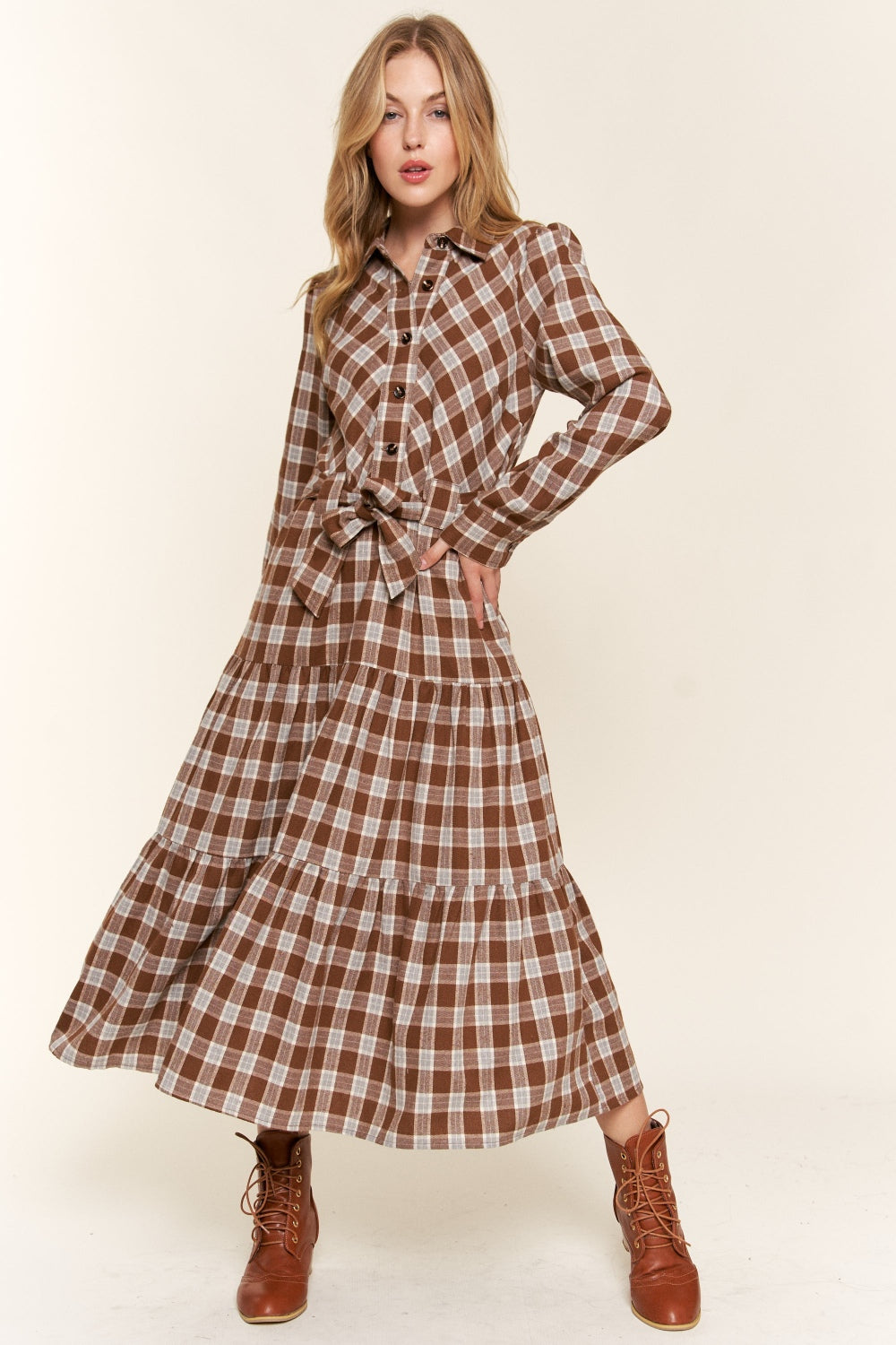 And the Why Plaid Tiered Midi Shirt Dress – Charming Charlie