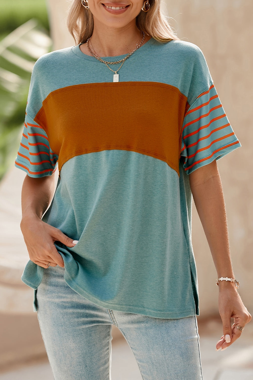 Striped Round Neck Short Sleeve T-Shirt - Charming Charlie