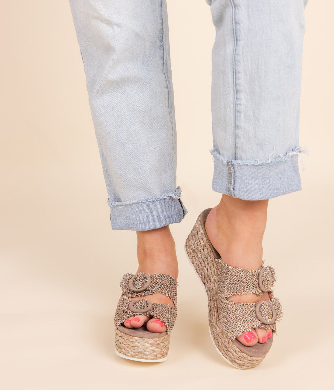 Eriwen Buckle Wedge in Taupe - Charming Charlie