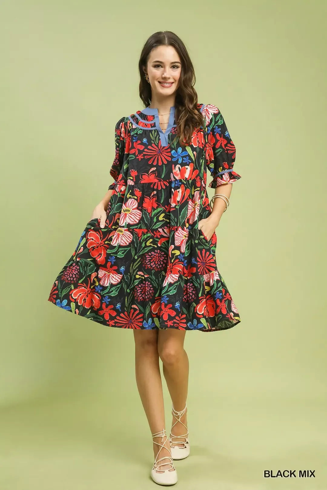 umgee long sleeve dress Umgee Floral Tiered Puff Sleeve Dress – Charming Charlie