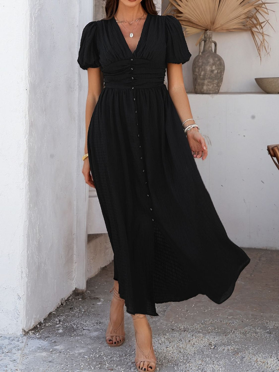 Devine Printed Johnny Collar Button Down Short Sleeve Midi Shirt Dress