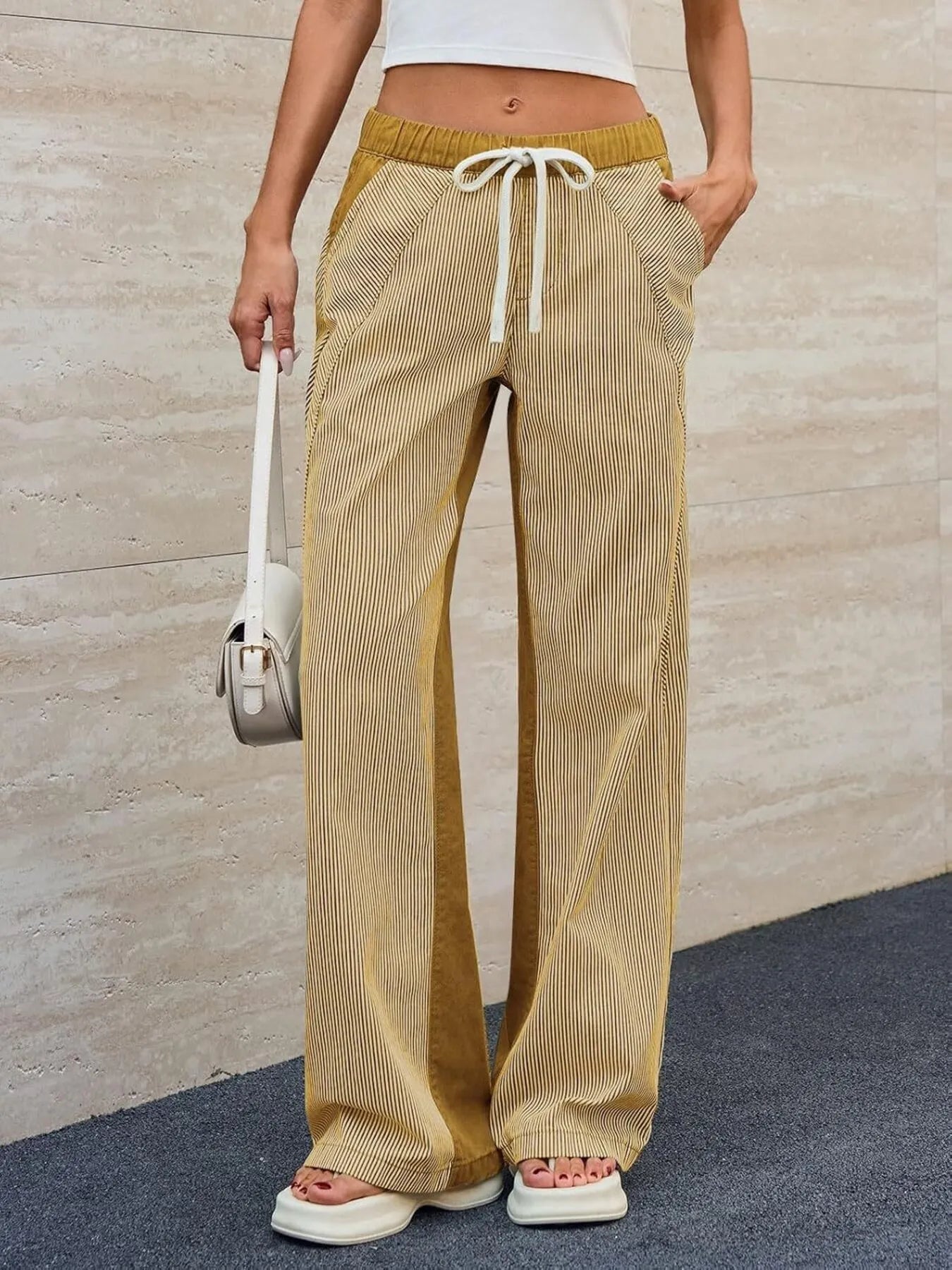 Stripe Button Pleated Drawstring Waist Casual Wide Leg Jeans