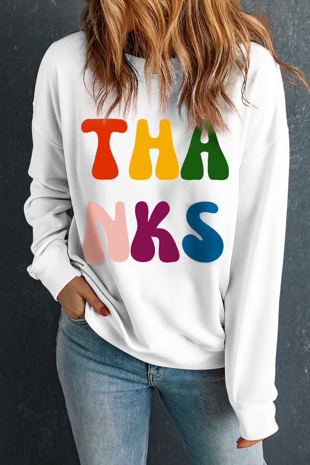 THANKS Round Neck Long Sleeve Sweatshirt - Charming Charlie