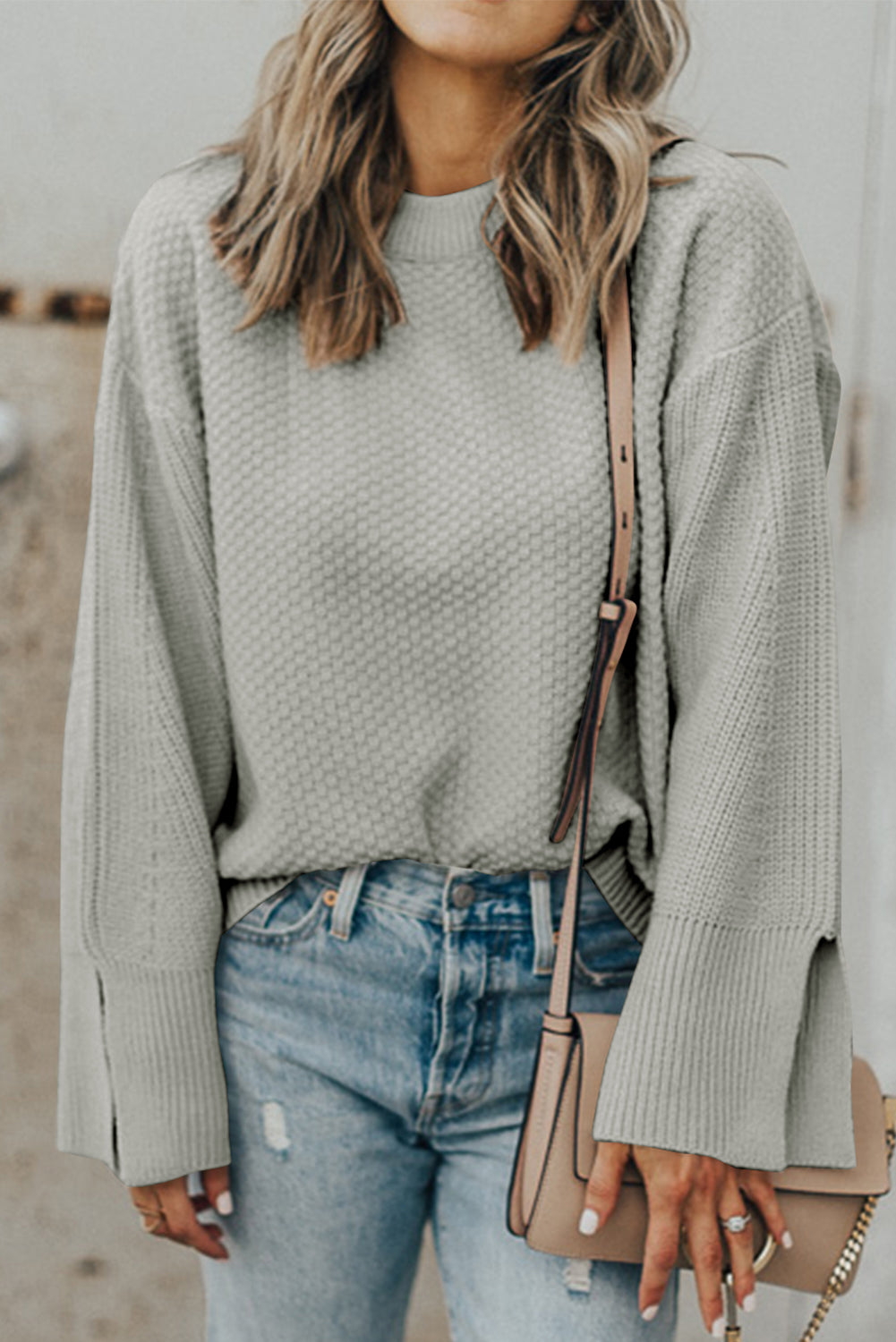 Textured Round Neck Long Sleeve Sweater - Charming Charlie