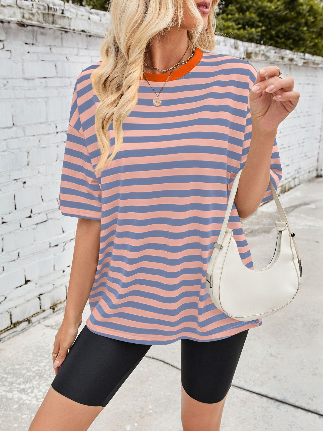 Lovelet Striped Round Neck Half Sleeve T-Shirt - Charming Charlie