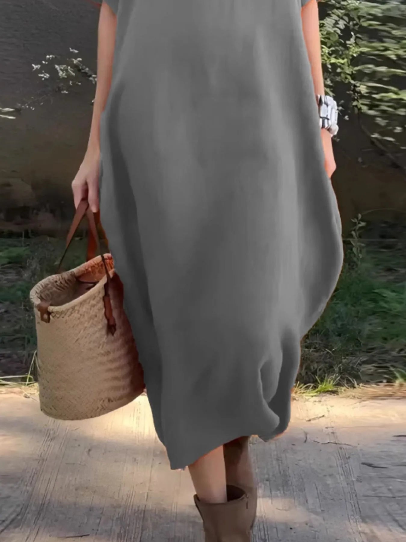 Full Size Casual Loose Fit Round Neck Midi Dress Plus Size White / 2XL