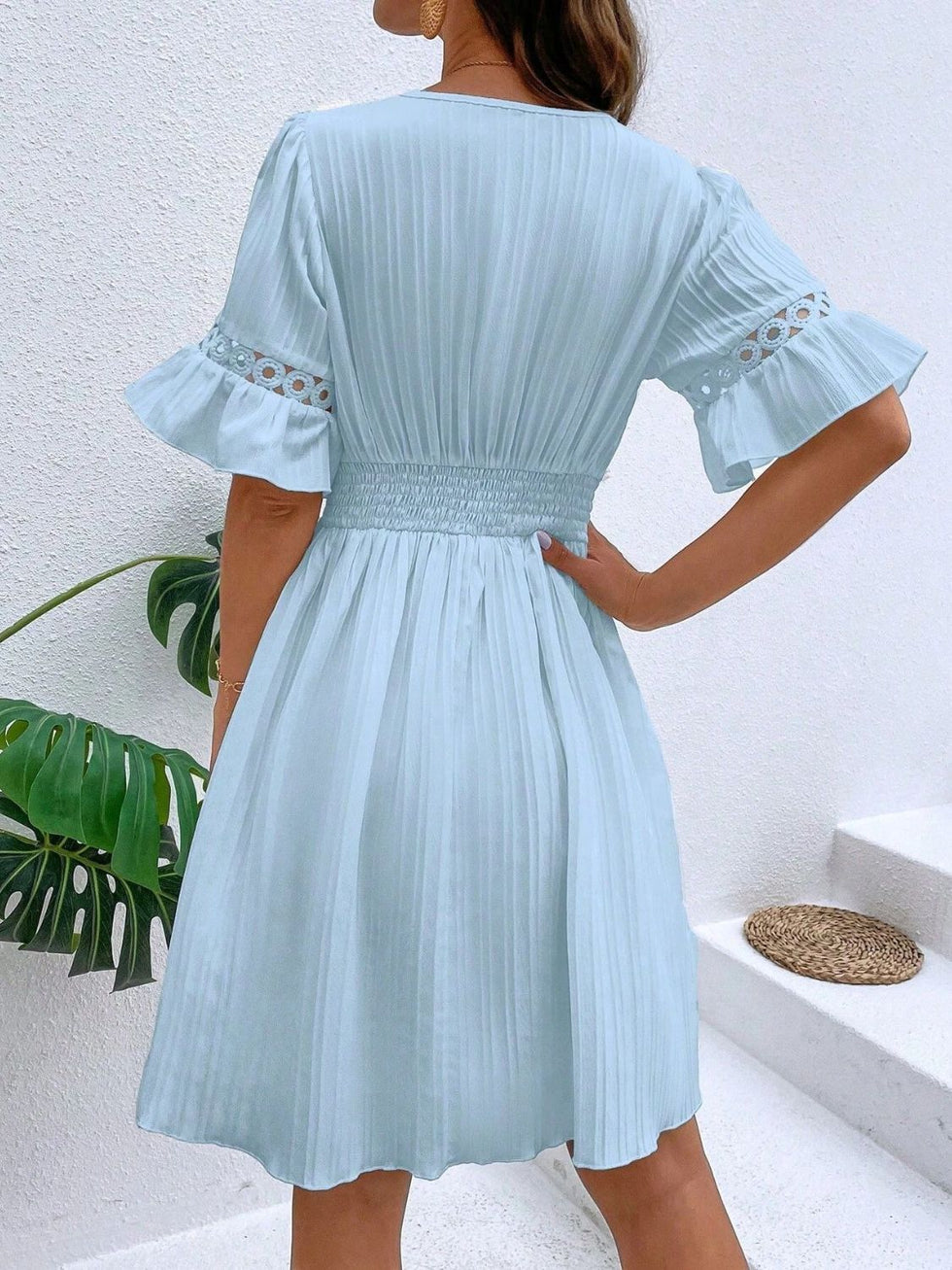Printed Tie Neck Flounce Sleeve Mini Dress main image 1