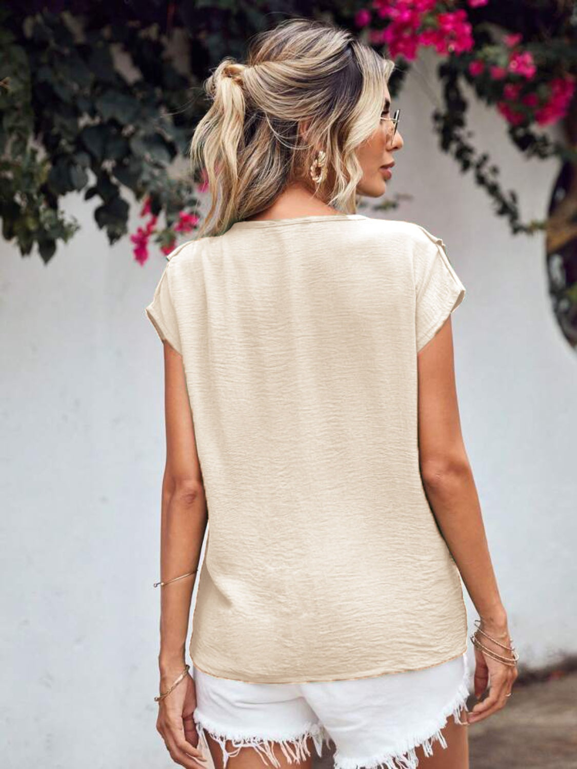Ruffled V-Neck Short Sleeve Blouse - Charming Charlie