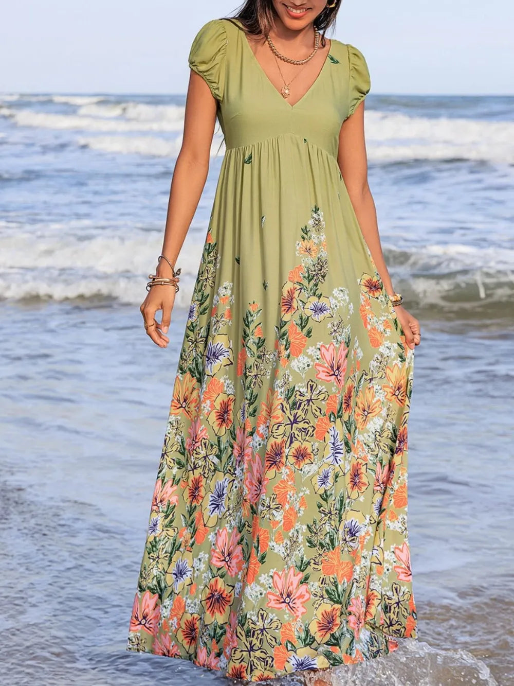 Backless Printed V-Neck Short Sleeve Maxi Dress  Charming Charlie