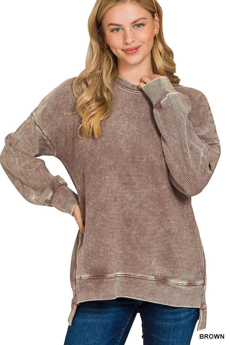 Zenana Full Size Acid Washed Double Ribbed Hi-low Sweatshirt Plus