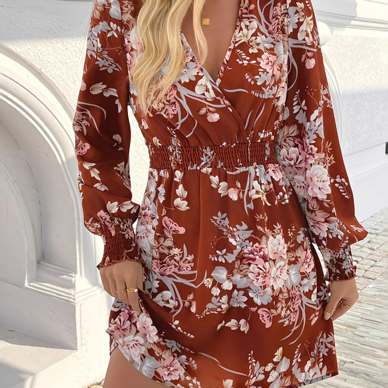 khaki floral gathered waist long sleeve mini dress reviews Khaki Floral Round Neck Blouson Sleeve Mini Dress