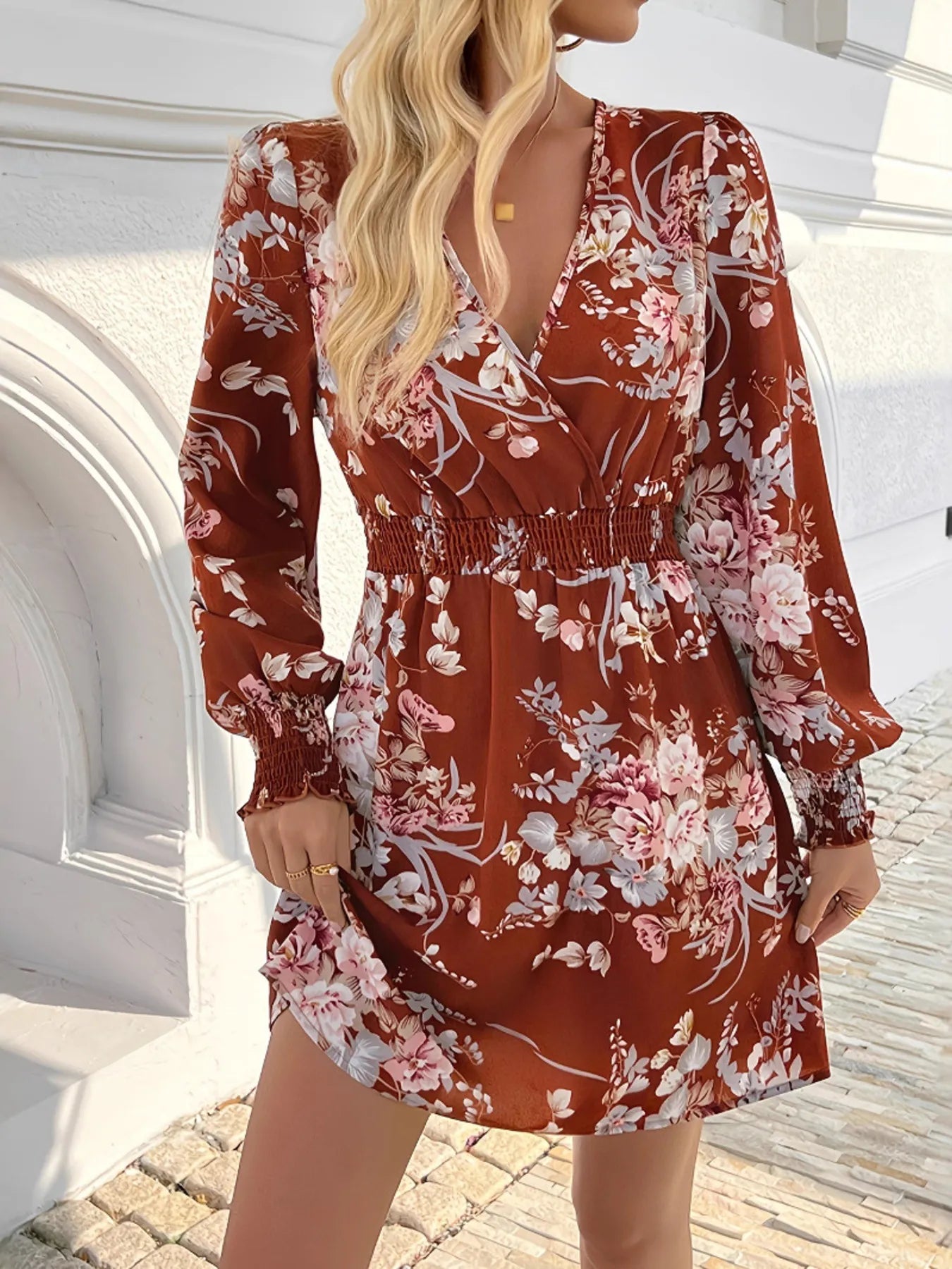 Floral Long Sleeve Mini Dress with Smocked Waist - Floral / S Floral Long Sleeve Mini Dress with Smocked Waist - Floral / S