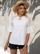 Lace Detail Tie Neck Half Sleeve Blouse - Charming Charlie