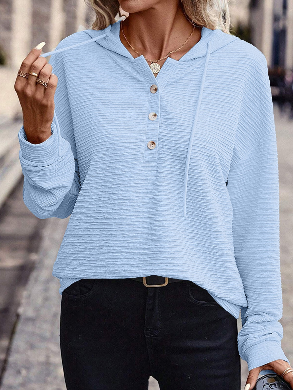 Drawstring Quarter Button Long Sleeve Hoodie - Charming Charlie
