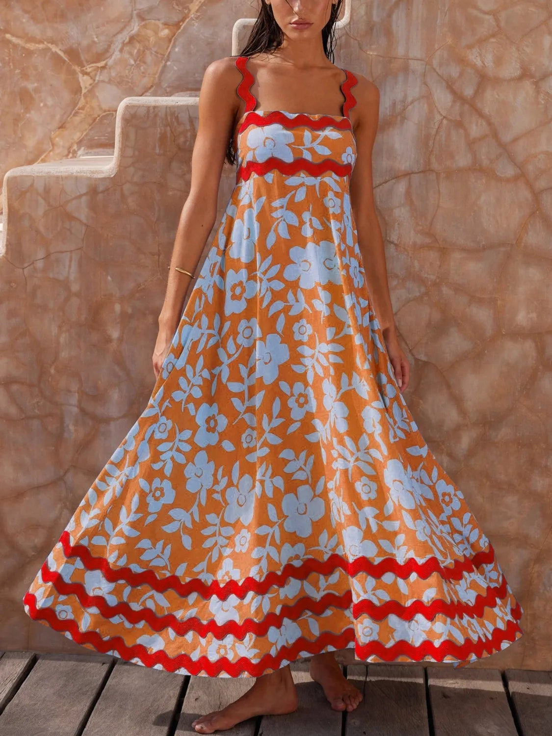 Smocked Printed Square Neck Cami Dress