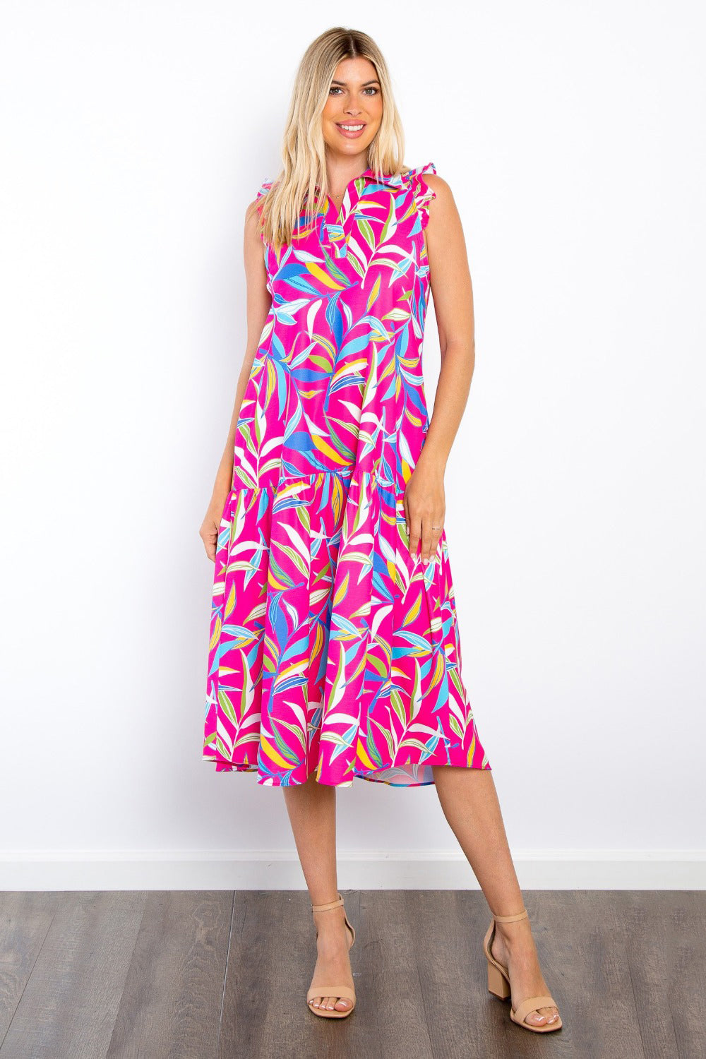 Be Stage Print Ruffled Midi Dress with Pockets - Charming Charlie