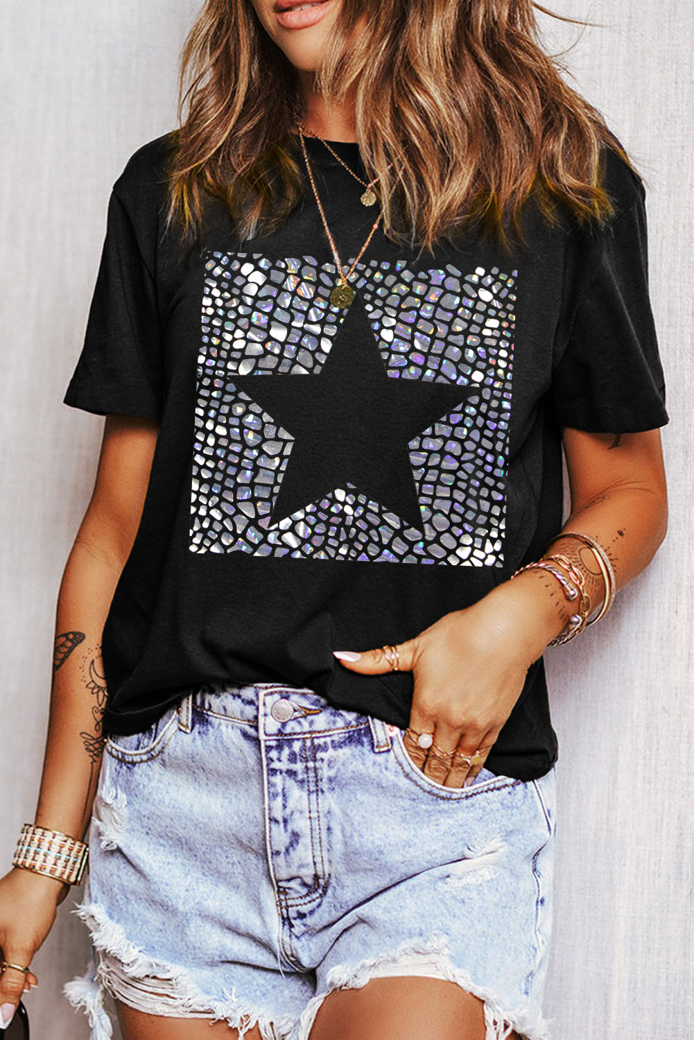 Star Round Neck Short Sleeve T-Shirt - Charming Charlie