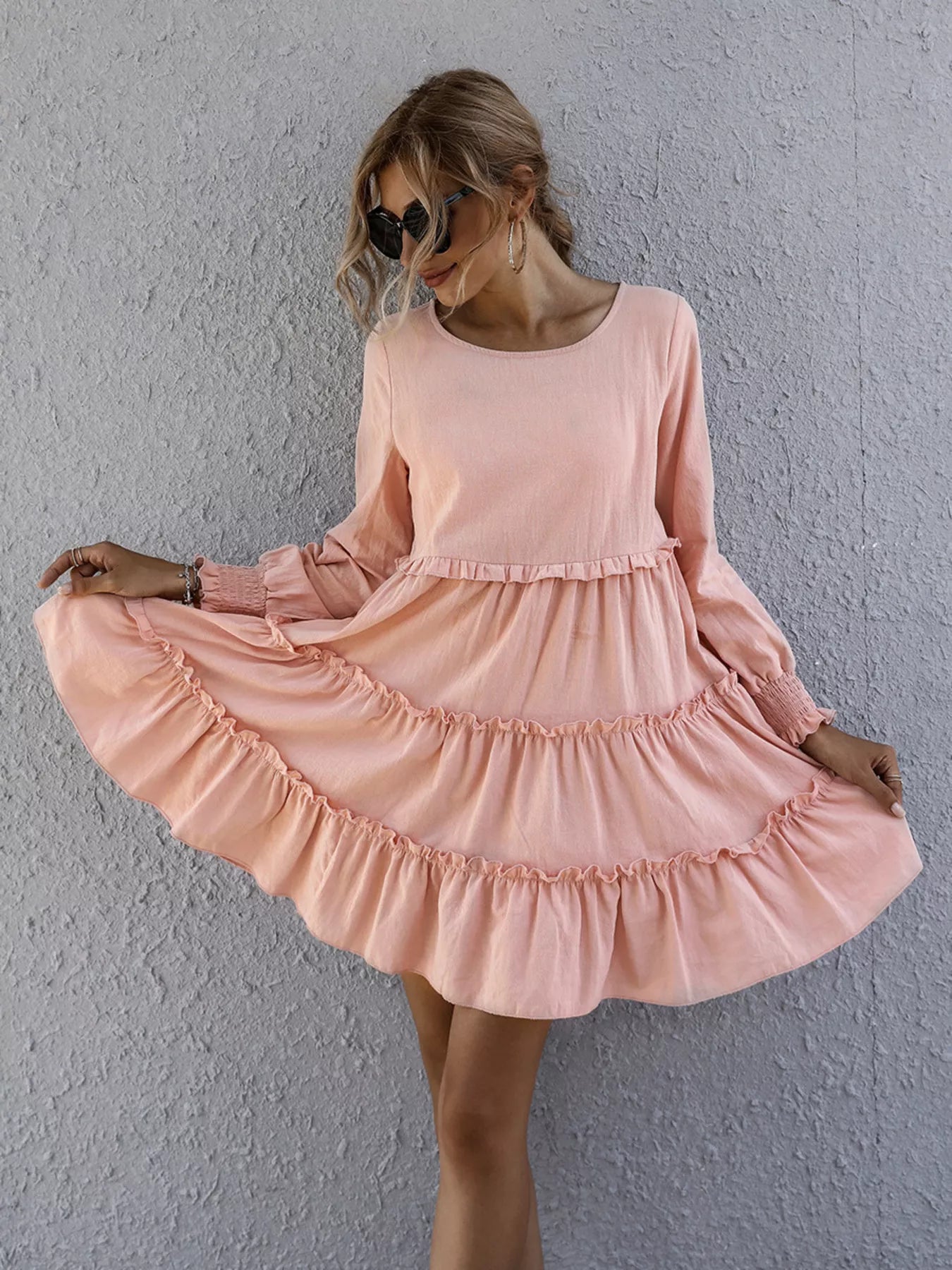 fitted lace wedding dress Ruffle Tiered Long Sleeve Mini Dress Apricot / L